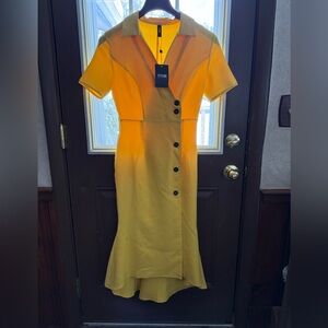 New STYLEWE Mustard Yellow Collared Button Down Fishtail Hemline Midi Dress S